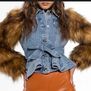 Denim Jacket with Faux Fur Sleeves